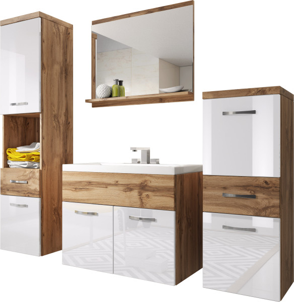 Meble łazienkowe kolor dąb wotan / biały połysk - ALBECK 249993