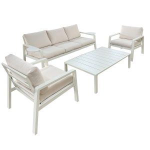 Meble ogrodowe metalowe BIANCO białe kremowe, sofa i fotele wodoodporne 1066960 Meble ogrodowe metalowe BIANCO białe kremowe, sofa i fotele wodoodporne 1066960