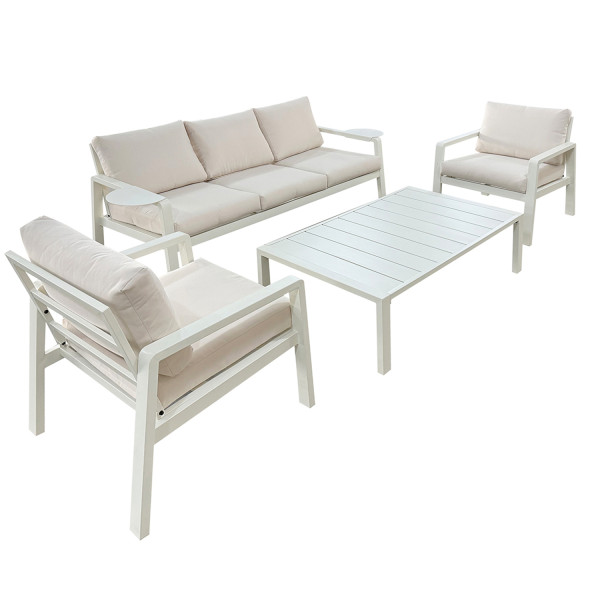 Meble ogrodowe metalowe BIANCO białe kremowe, sofa i fotele wodoodporne 1066960
