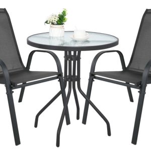 Meble ogrodowe Songmics stół okrągły szklany i 2 krzesła metalowe 1060795 Meble ogrodowe Songmics stół okrągły szklany i 2 krzesła metalowe 1060795