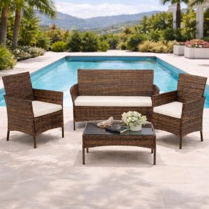 Meble Ogrodowe Zestaw 4 Elementy Komplet Tarasowy Fotele Stół Sofa Brązowy 1005400 Meble Ogrodowe Zestaw 4 Elementy Komplet Tarasowy Fotele Stół Sofa Brązowy 1005400