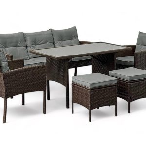 Meble Wypoczynkowe PATIO Sofa, Stolik, Fotele i Pufy Brązowy Poduszki Szare 1021635 Meble Wypoczynkowe PATIO Sofa, Stolik, Fotele i Pufy Brązowy Poduszki Szare 1021635