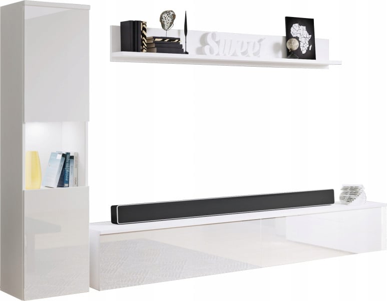 Meblościanka 3-elem. do salonu, biały mat/połysk słupek i szafka RTV 180 cm 125407