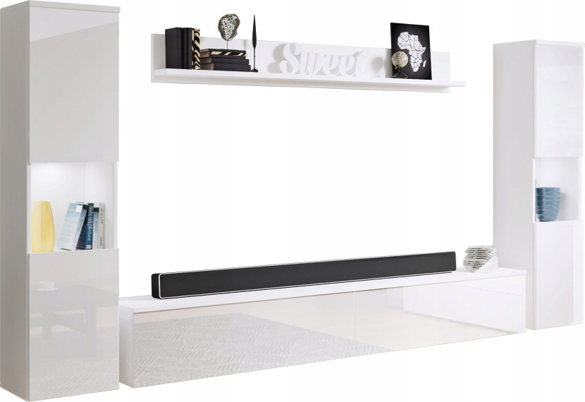 Meblościanka 4-elem. do salonu, biały mat/połysk słupek i szafka RTV 180 cm 125415