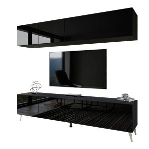 Meblościanka AURA PUSH OPEN czarny połysk LED NÓŻKI CHROM 96655 Meblościanka AURA PUSH OPEN czarny połysk LED NÓŻKI CHROM 96655