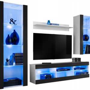 Meblościanka Biały/Czarny LED Meble RTV – Zestaw Mebli 340746 Meblościanka Biały/Czarny LED Meble RTV – Zestaw Mebli 340746