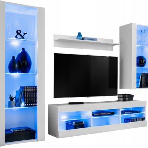 Meblościanka Biały LED RGB Meble RTV – Zestaw Mebli 340758 Meblościanka Biały LED RGB Meble RTV – Zestaw Mebli 340758