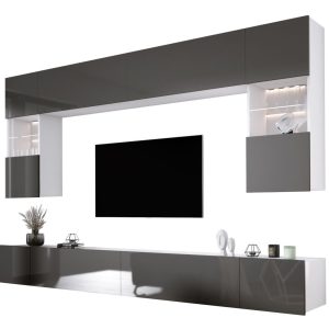Meblościanka: biały/szary połysk, szerokość: 300 cm, wysokość: REGULOWANA 261339