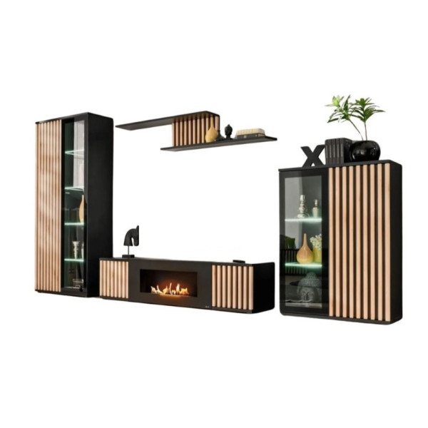 Meblościanka CAMERON LED hickory jackson/czarna z biokominki 1002159