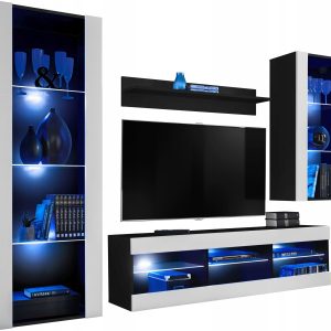 Meblościanka Czarny/Biały LED Meble RTV – Zestaw Mebli 340752 Meblościanka Czarny/Biały LED Meble RTV – Zestaw Mebli 340752