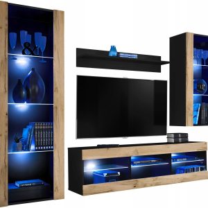 Meblościanka Czarny/Dąb Wotan LED Meble RTV – Zestaw Mebli 340755 Meblościanka Czarny/Dąb Wotan LED Meble RTV – Zestaw Mebli 340755