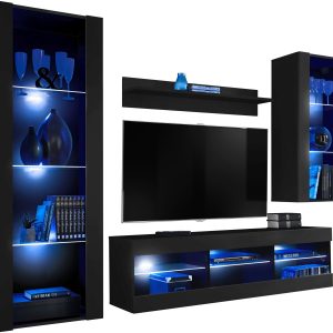 Meblościanka Czarny LED Meble RTV – Zestaw Mebli 340757 Meblościanka Czarny LED Meble RTV – Zestaw Mebli 340757