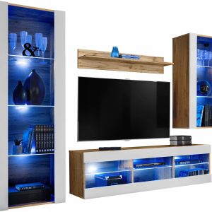 Meblościanka Dąb Wotan/Biały LED Meble RTV – Zestaw Mebli 340760 Meblościanka Dąb Wotan/Biały LED Meble RTV – Zestaw Mebli 340760
