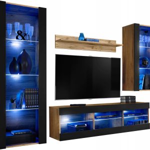 Meblościanka Dąb Wotan/Czarny Bez LED Meble RTV – Zestaw Mebli 340912 Meblościanka Dąb Wotan/Czarny Bez LED Meble RTV – Zestaw Mebli 340912