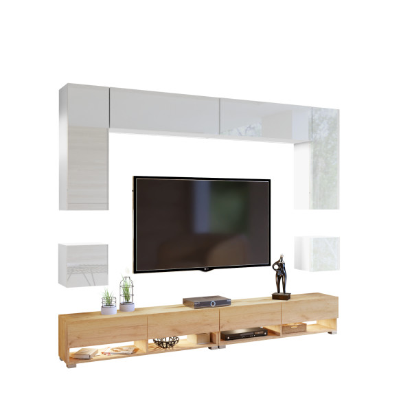 Meblościanka do pokoju dziennego PREMIUM biały/dąb craft złoty 749050