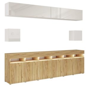 Meblościanka do salonu 280 cm PREMIUM biały połysk/dąb craft złoty 749060 Meblościanka do salonu 280 cm PREMIUM biały połysk/dąb craft złoty 749060