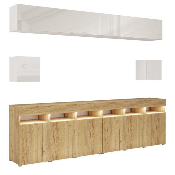 Meblościanka do salonu 280 cm PREMIUM biały połysk/dąb craft złoty 749060
