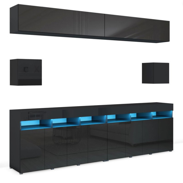 Meblościanka do salonu 280 cm PREMIUM czarny połysk 749048