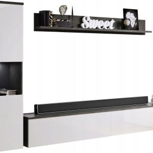 Meblościanka do salonu, matera/biały połysk słupek i szafka RTV 180 z LED 807927 Meblościanka do salonu, matera/biały połysk słupek i szafka RTV 180 z LED 807927