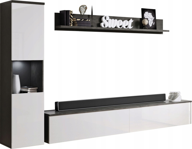 Meblościanka do salonu, matera/biały połysk słupek i szafka RTV 180 z LED 807927
