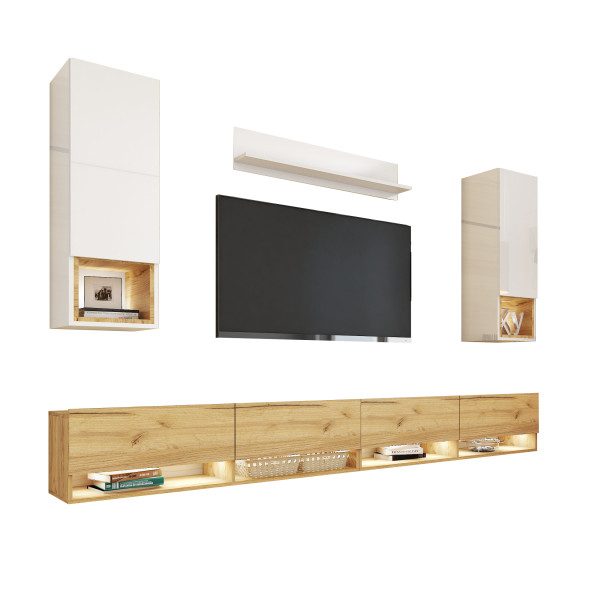 Meblościanka do salonu PREMIUM Biała/Dąb craft złoty 749038