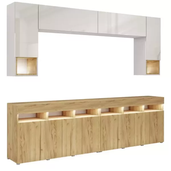 Meblościanka do salonu PREMIUM biały/dąb craft złoty 749053