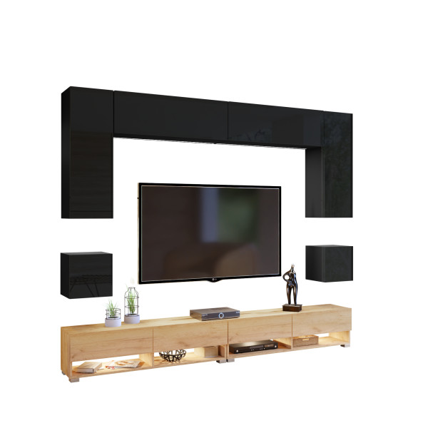 Meblościanka do salonu PREMIUM dąb craft złoty/czarny 749054