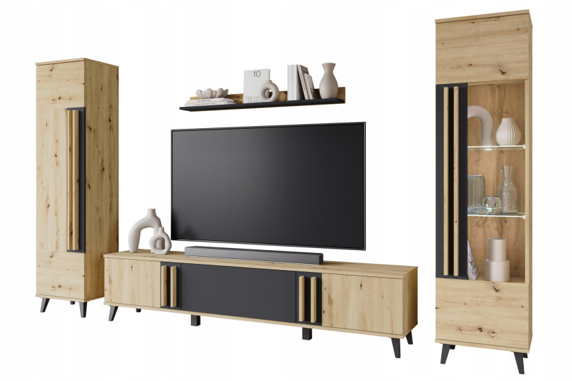 Meblościanka do salonu, RTV 180, witryna, regał, artisan/czarny mat z LED 807940