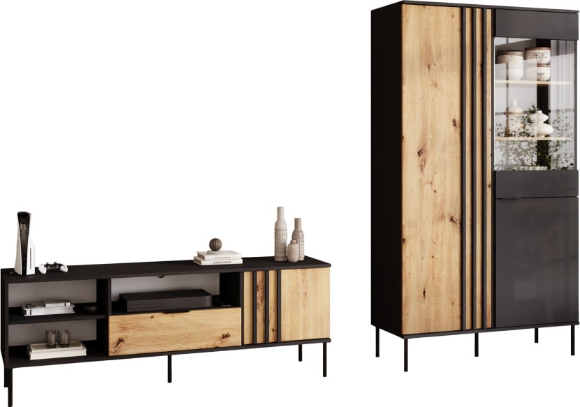 Meblościanka do salonu RUSTICA nowoczesna dąb artisan czarny 863799