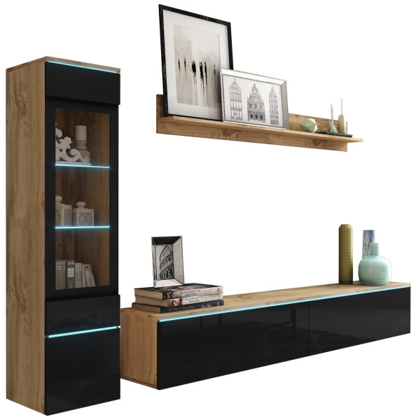 Meblościanka do salonu VELLORE czarna/dąb wotan 769544