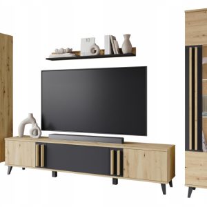 Meblościanka do salonu, zestaw RTV 180, witryna, regał, artisan/czarny mat 807981 Meblościanka do salonu, zestaw RTV 180, witryna, regał, artisan/czarny mat 807981