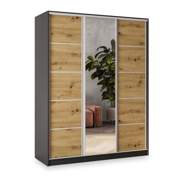 Szafa przesuwna NATA 160 cm z lustrem Czarna + Dąb artisan + Srebrny 739982