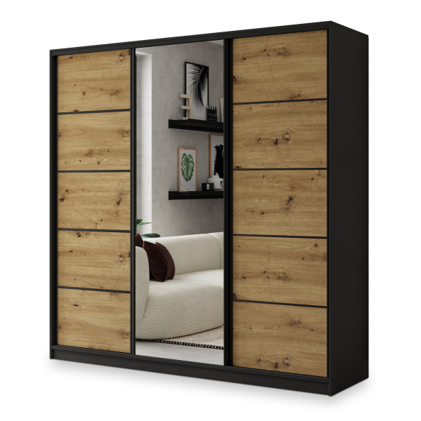 Szafa przesuwna NATA 200 cm z lustrem Czarna + Dąb artisan 739981