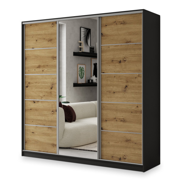 Szafa przesuwna NATA 200 cm z lustrem Czarna + Dąb artisan + Srebrny 739886