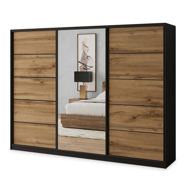 Szafa przesuwna NATA 235 cm z lustrem Czarna + Dąb wotan 739951