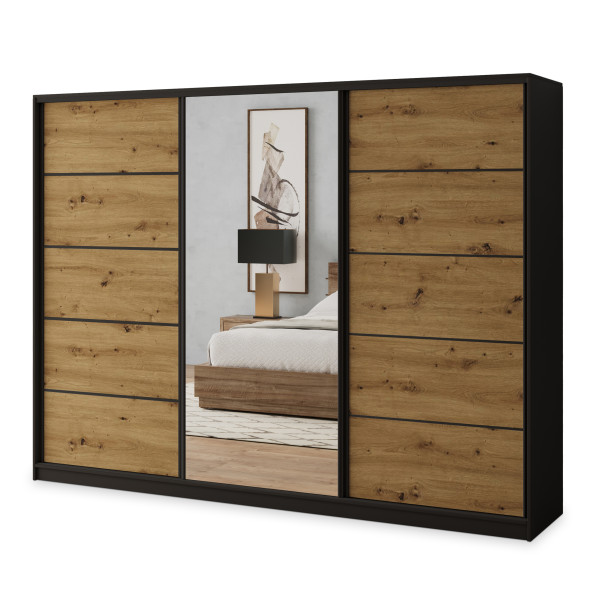 Szafa przesuwna NATA 250 cm z lustrem Czarna + Dąb artisan 740021
