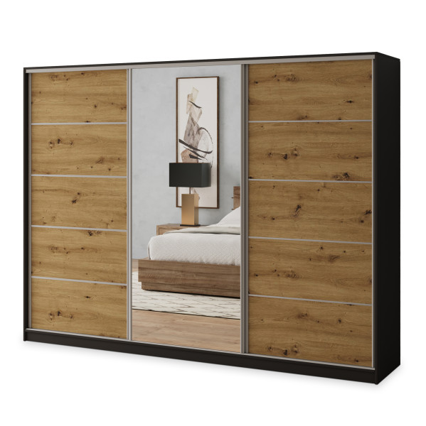 Szafa przesuwna NATA 250 cm z lustrem Czarna + Dąb artisan + Srebrny 740758