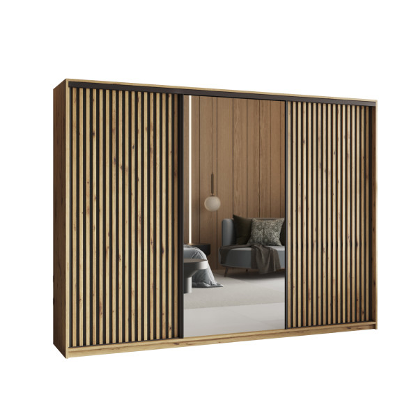 Szafa przesuwna ORRA 250 cm z lustrem i lamelami Dąb artisan + Czarny 739938