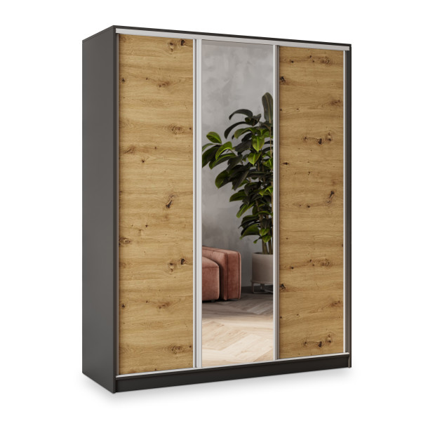 Szafa przesuwna SORE 150 cm z lustrem Czarna + Dąb artisan + Srebrny 739563