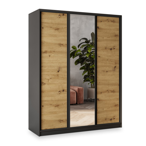 Szafa przesuwna SORE 160 cm z lustrem Czarna + Dąb artisan 739464