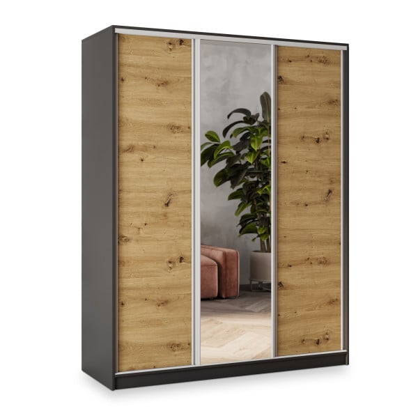 Szafa przesuwna SORE 160 cm z lustrem Czarna + Dąb artisan + Srebrny 739775