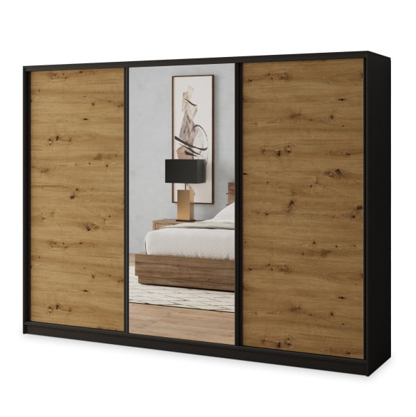 Szafa przesuwna SORE 250 cm z lustrem Czarna + Dąb artisan 739544