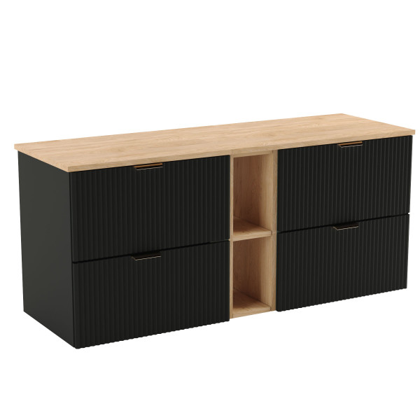 Szafka pod umywalkę 140cm czarna z orzechowym regałem i ryflowanymi front. 527411