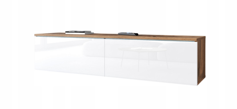 Szafka RTV 140 bezuchwytowa salon, wotan/biały połysk stojąca/wisząca z LED 804959