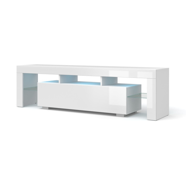 Szafka RTV 160 cm biały mat (korpus) biały połysk (fronty) + LED 755786