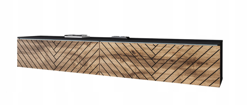 Szafka RTV 180 stojąca/wisząca fronty MDF czarny mat/wotan jodełka z LED 804969