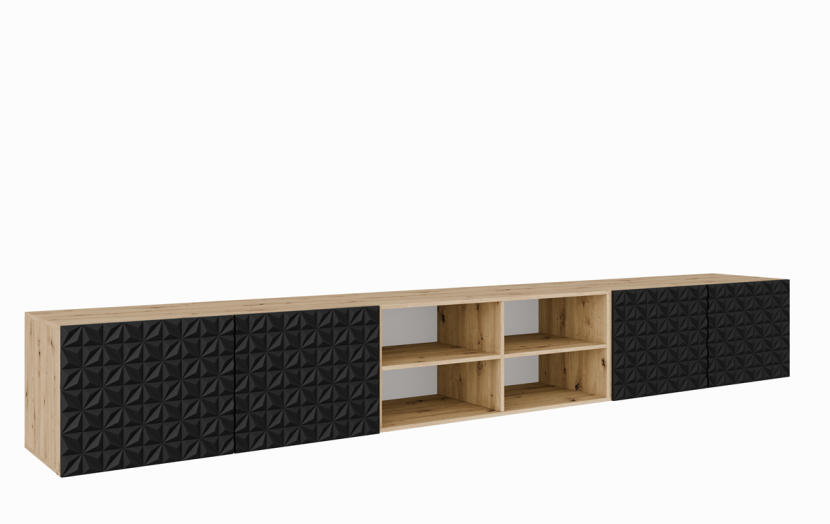 Szafka RTV ALI 300cm otwarta z półkami, z ozdobnymi frontami-artisan+czarny 755663