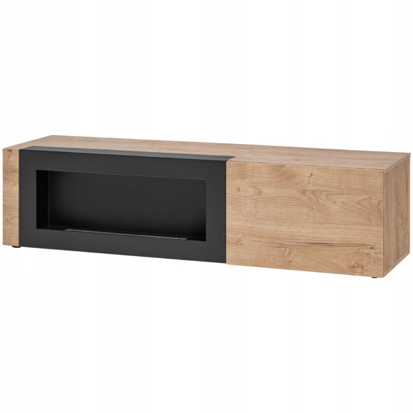 Szafka RTV ARON z biokominkiem | Nowoczesna |Dąb + Czarny Ryflowany |160 cm 742630