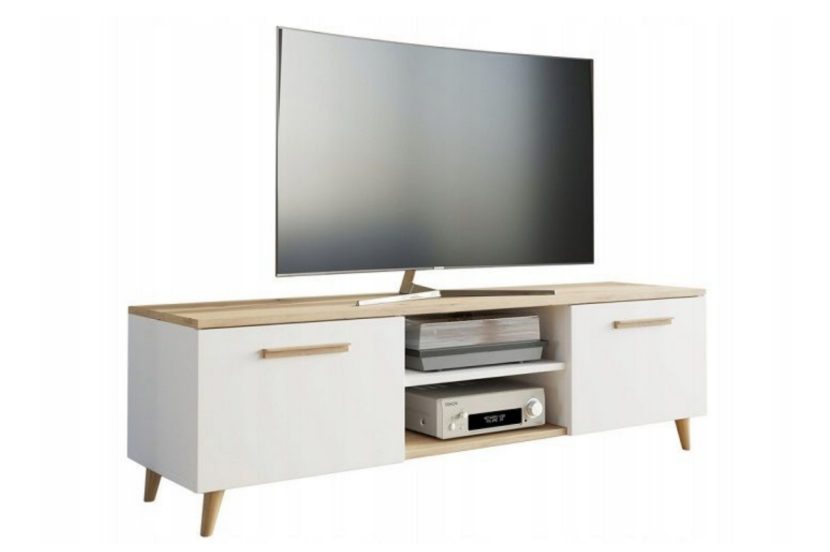 Szafka RTV BERGA 120 cm skandynawska, nogi drewniane - Biały / Dąb Artisan 909706