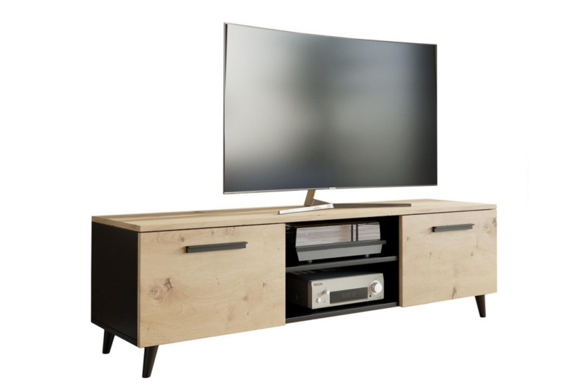 Szafka RTV BERGA 120 cm skandynawska, nogi drewniane - Czarny / Dąb Artisan 909709